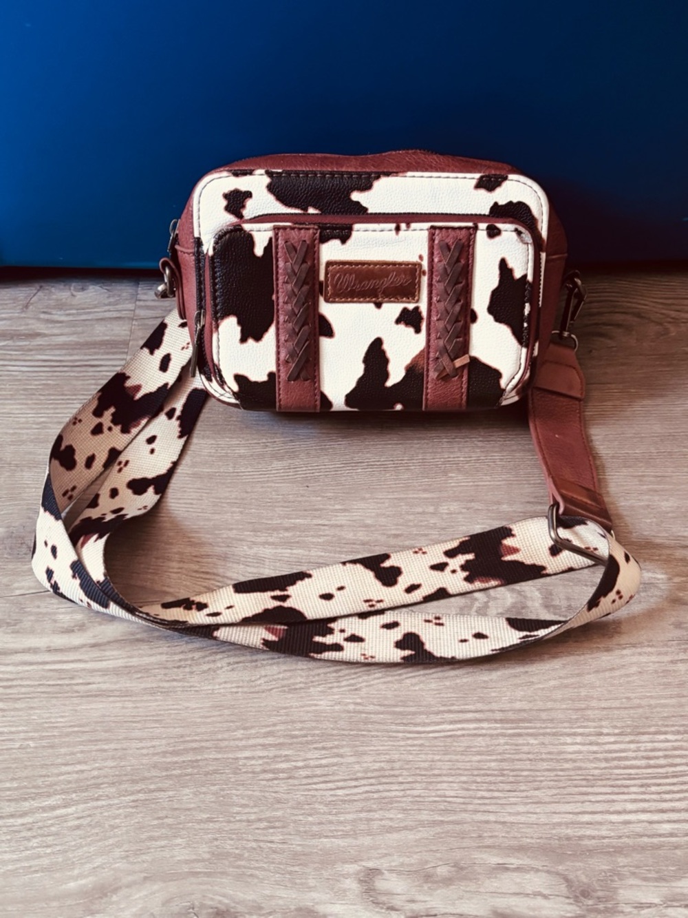 Wrangler Brown and Cream Cowhide Print Crossbody Bag